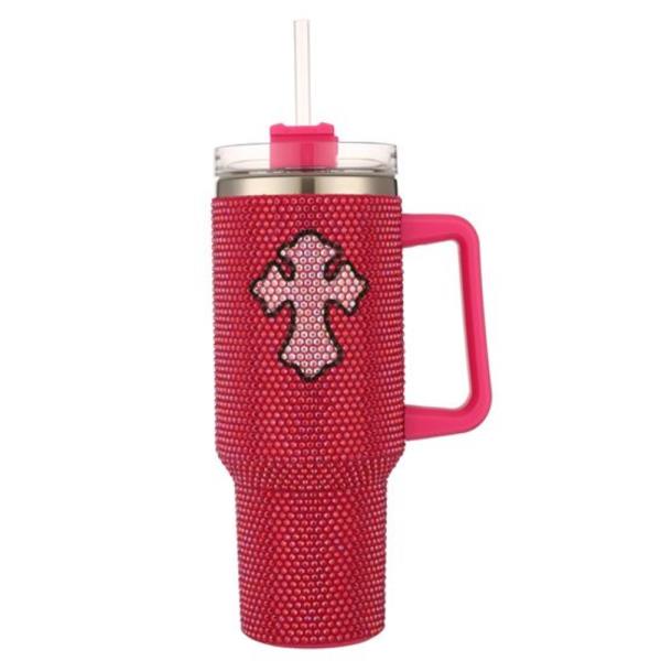 PINK ORNATE CROSS RHINESTONE BLING 40 OZ TUMBLER WITH HANDLE