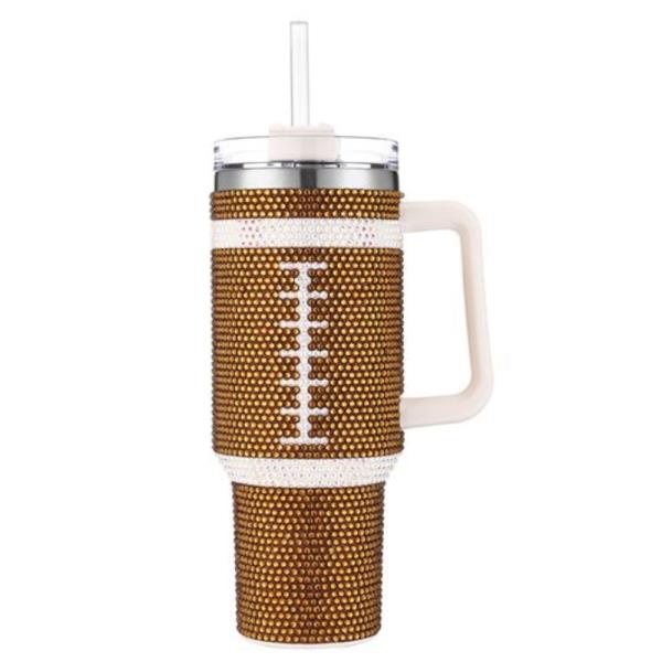 FOOTBALL RHINESTONE BLING 40 OZ TUMBLER WITH HANDLE