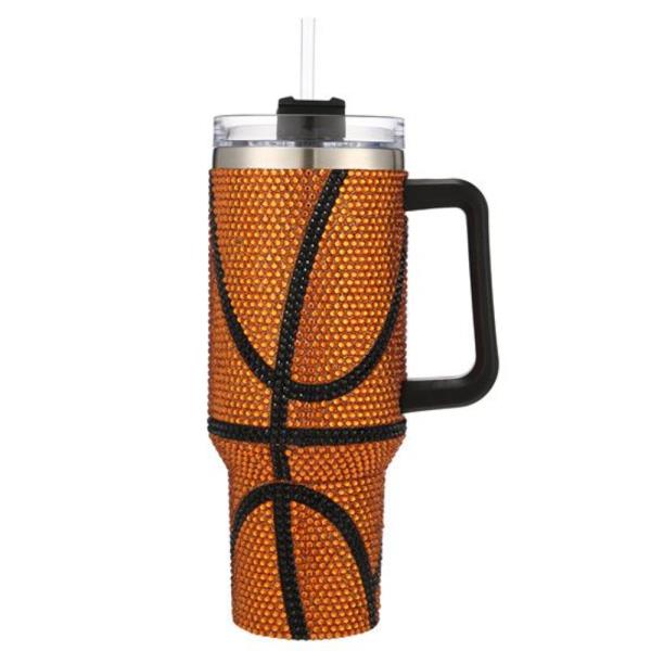 BASKETBALL RHINESTONE BLING 40 OZ TUMBLER WITH HANDLE