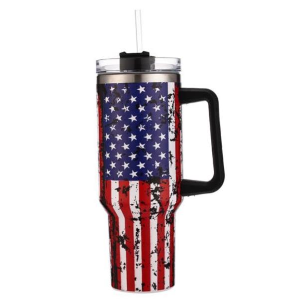 DISTRESSED US FLAG PRINT 40 OZ TUMBLER WITH HANDLE