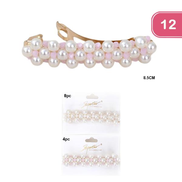 GLASS BEAD AND PEARL BARRETTE HAIR PIN (12 UNITS)