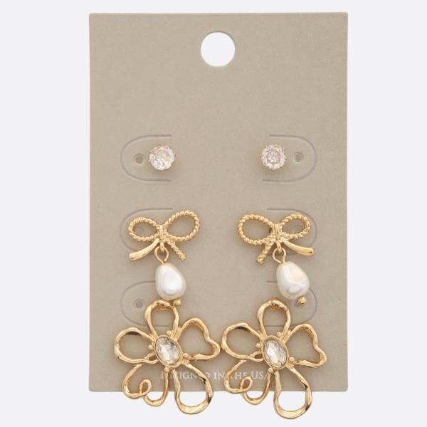 PEARL BEAD BOW FLOWER ASSORTED EARRING SET