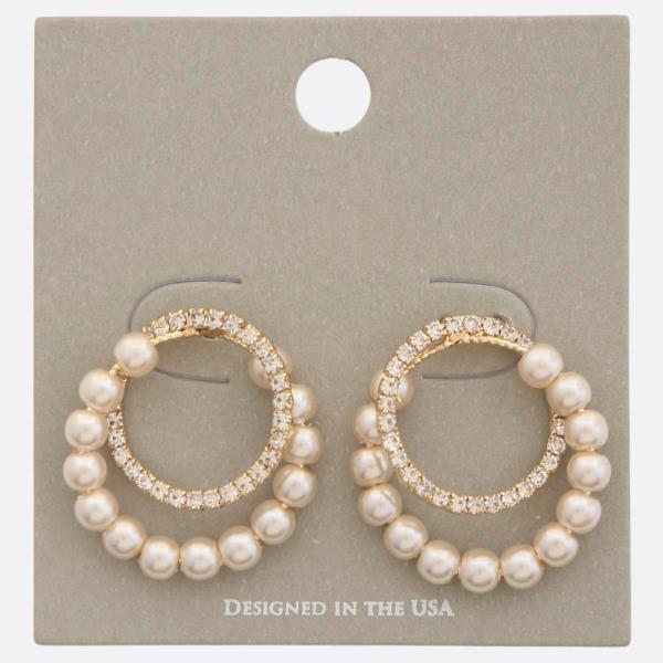 RHINESTONE PEARL BEAD DOUBLE HOOP EARRING