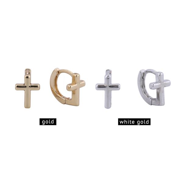 14K GOLD/WHITE GOLD DIPPED ANGLED CROSS HUGGIE EARRING