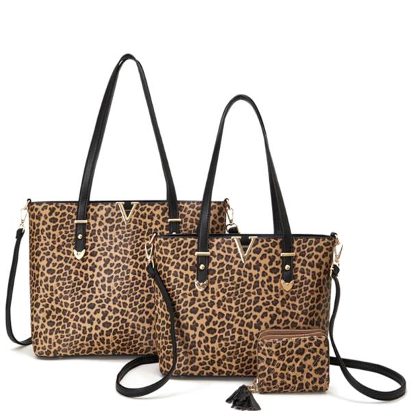 3IN1 LEOPARD PRINTED V TOTE W MATCHING BAG AND WALLET SET