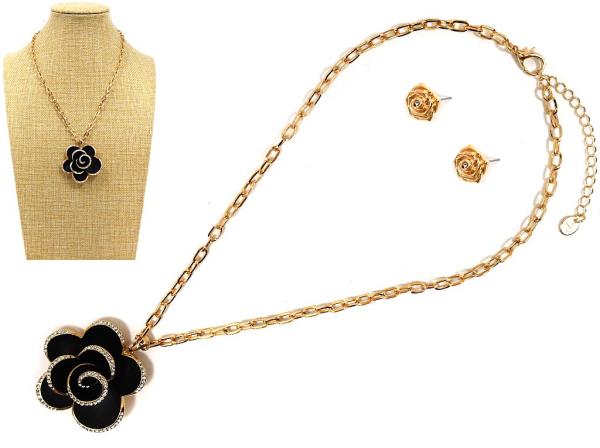 BLACK FLOWER PENDANT NECKLACE EARRING SET