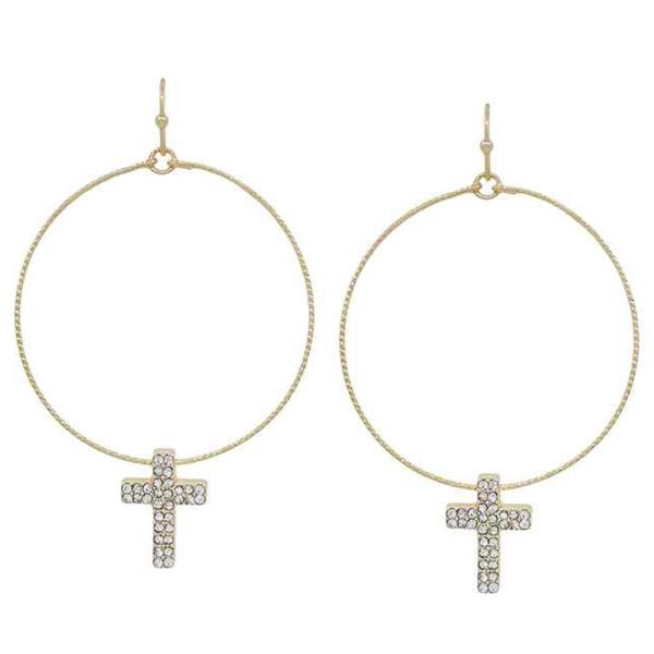 ROUND TEXTURED WIRE CROSS PAVE HOOP EARRING