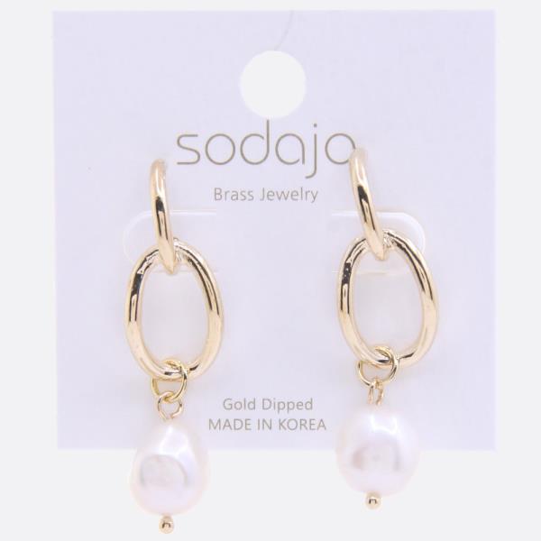 SODAJO PEARL BEAD OVAL LINK GOLD DIPPED DANGLE EARRING