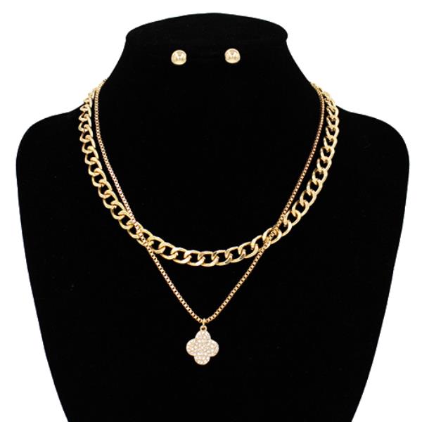 CLOVER CHARM CURB LINK METAL LAYERED NECKLACE