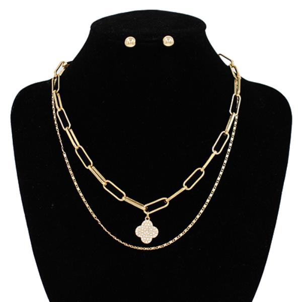 CLOVER CHARM OVAL LINK METAL LAYERED NECKLACE