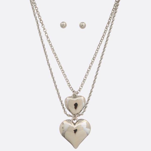 DOUBLE PUFFY HEART PENDANT ROPE LINK LAYERED NECKLACE