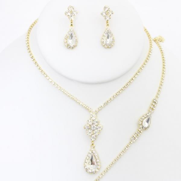 TEARDROP RHINESTONE NECKLACE EARRING BRACELET SET