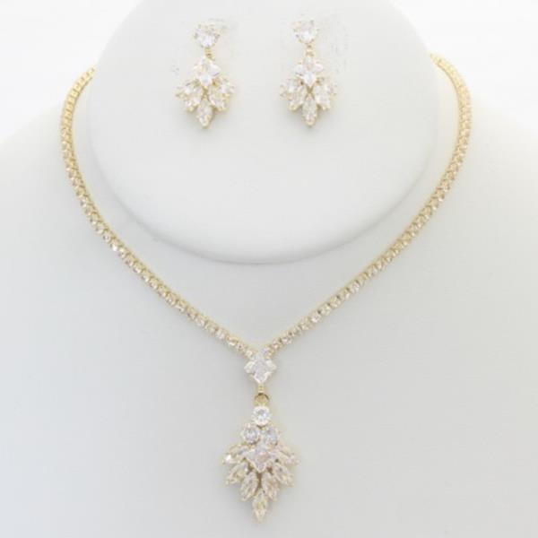 FLOWER PENDANT RHINESTONE NECKLACE EARRING SET