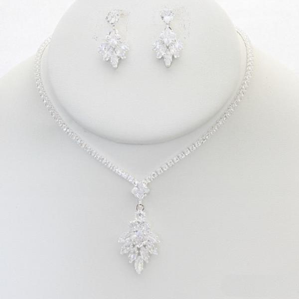 FLOWER PENDANT RHINESTONE NECKLACE EARRING SET