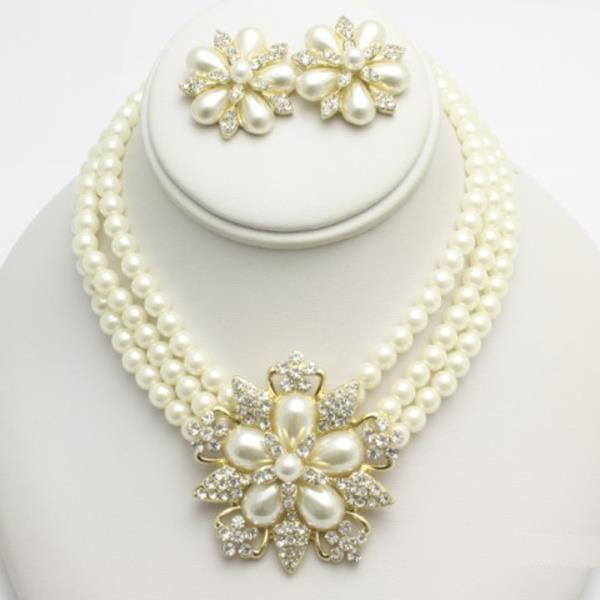 RHINESTONE PEARL FLOWER NECKLACE EARRING SET