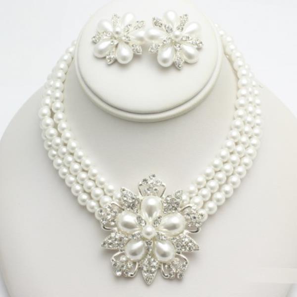 RHINESTONE PEARL FLOWER NECKLACE EARRING SET