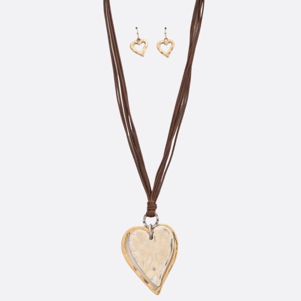 HAMMERED METAL HEART PENDANT CORD NECKLACE