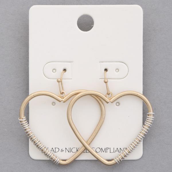 TWO TONE WIRE METAL HEART DANGLE EARRING