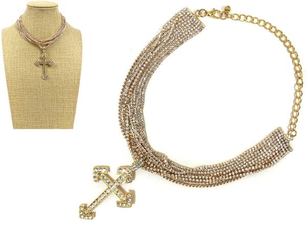 CROSS RHINESTONE PENDANT CHAIN LAYERED NECKLACE