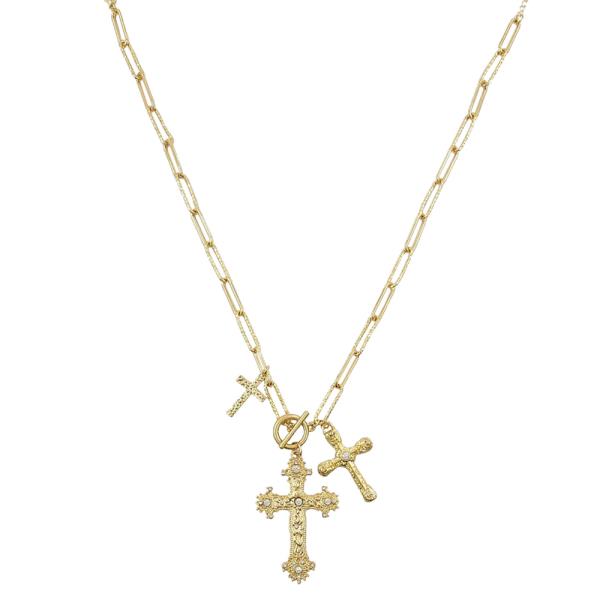 TRIPLE CROSS CHARM TOGGLE CLASP OVAL LINK NECKLACE