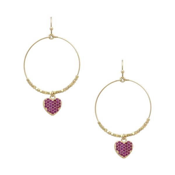 HEART CHARM RHINESTONE HOOP DANGLE EARRING