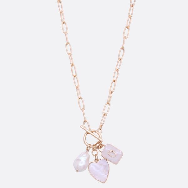 PEARL HEART CHARM OVAL LINK NECKLACE