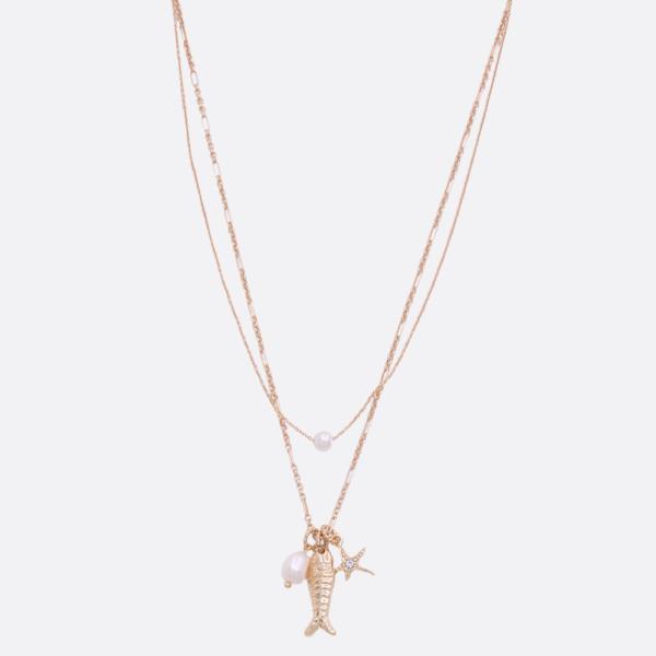 FISH STAR PEARL CHARM LAYERED METAL NECKLACE