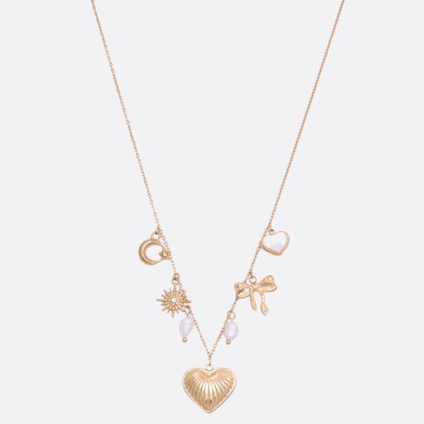 PUFFY HEART PEARL BEAD STATION METAL NECKLACE