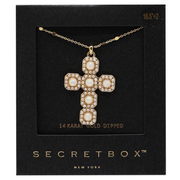 SECRET BOX PEARL CROSS PENDANT GOLD DIPPED NECKLACE