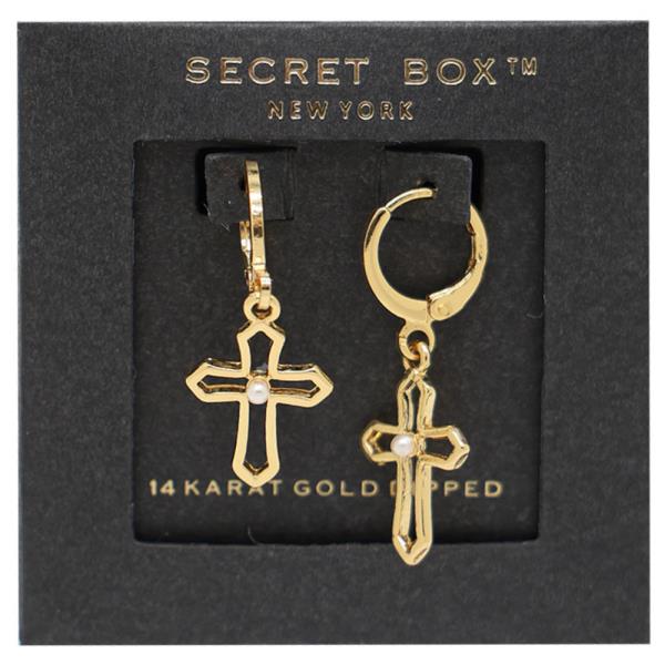 SECRET BOX CROSS CHARM HUGGIE GOLD DIPPED EARRING