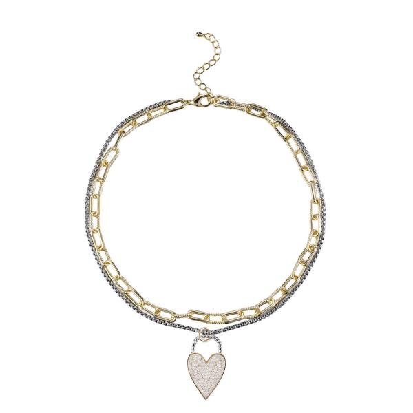 HEART PENDANT OVAL LINK TWO TONE NECKLACE