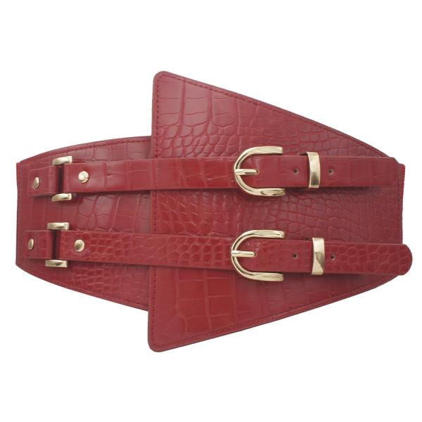 PLUS SIZE DOUBLE BUCKLE ACCENTED CROC ELASTIC BELT