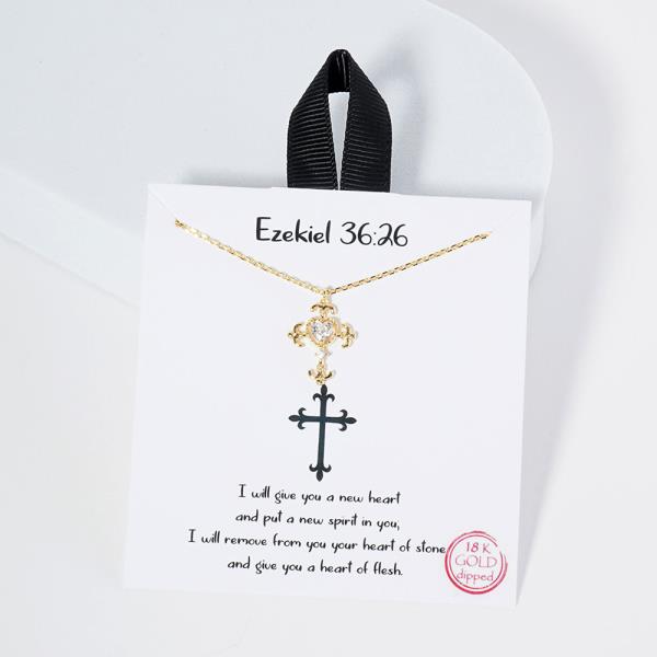 18K GOLD RHODIUM EZEKIEL 36:26 CROSS CZ NECKLACE