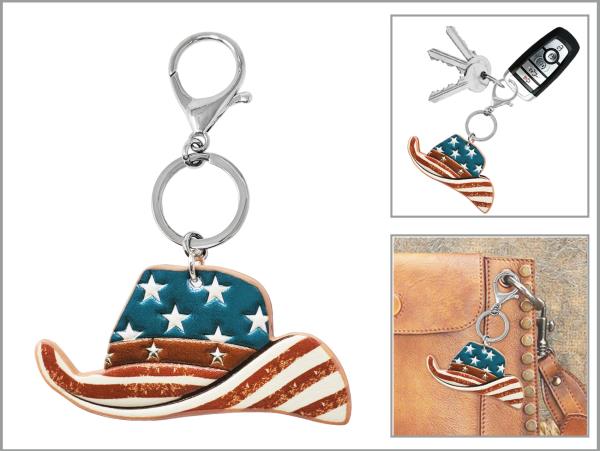 WESTERN TOOLED LEATHER AMERICAN FLAG COWBOY HAT KEYCHAIN