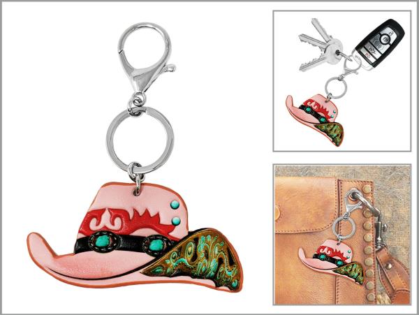 WESTERN TOOLED LEATHER COWBOY HAT KEYCHAIN