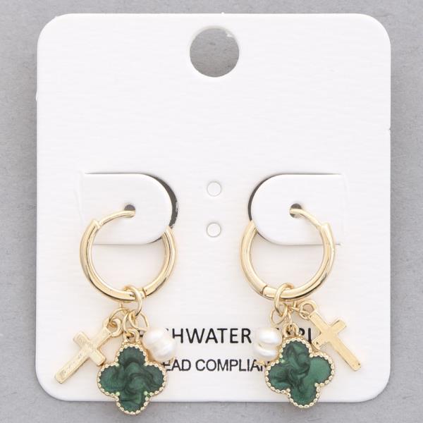 CLOVER CROSS CHARM FRESHWATER PEARL HUGGIE EARRING