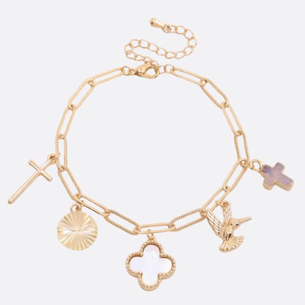 CLOVER CROSS CHARM OVAL LINK METAL BRACELET