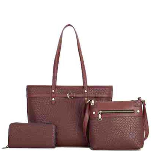 3IN1 BUCKLE TEXTURE TOTE BAG W CROSSBODY AND WALLET SET