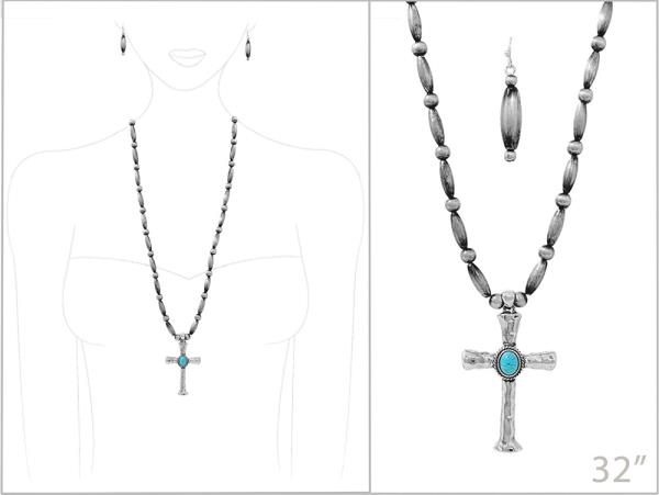 WESTERN STYLE TURQUOISE BEAD CROSS PENDANT NECKLACE