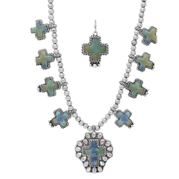 WESTERN STYLE CROSS PAVED RHINESTONE BEADED NECKLACE