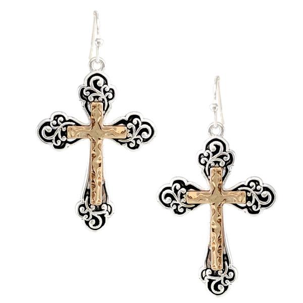 CROSS FILIGREE PATTERN DANGLE METAL EARRING