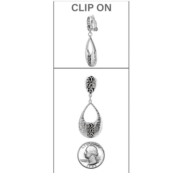 FILIGREE TEARDROP DANGLE CLIP ON METAL EARRING