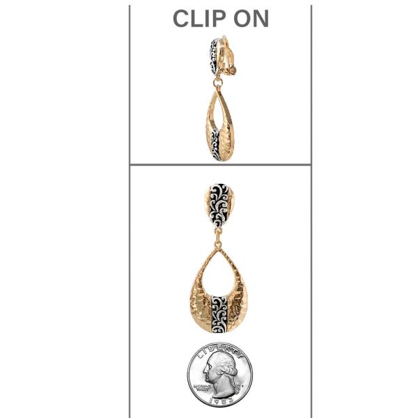 FILIGREE TEARDROP DANGLE CLIP ON METAL EARRING