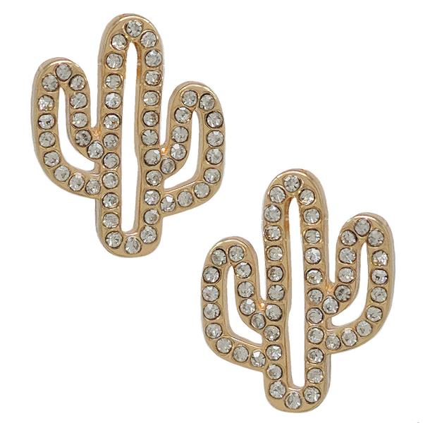 WESTERN STYLE CACTUS PAVED RHINESTONE METAL EARRING