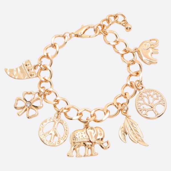 ELEPHANT CLOVER MULTI CHARM CIRCLE LINK METAL BRACELET