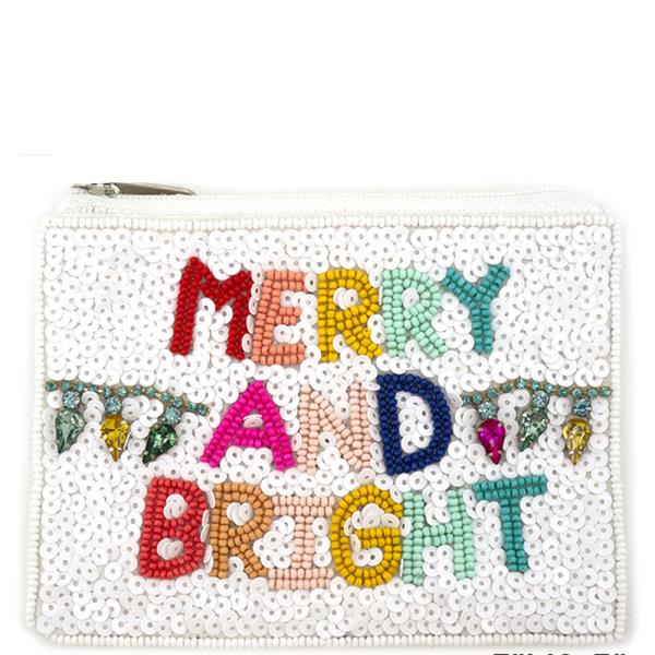 SEED BEAD MERRY AND BRIGHT CHRISTMAS COIN PURSE BAG