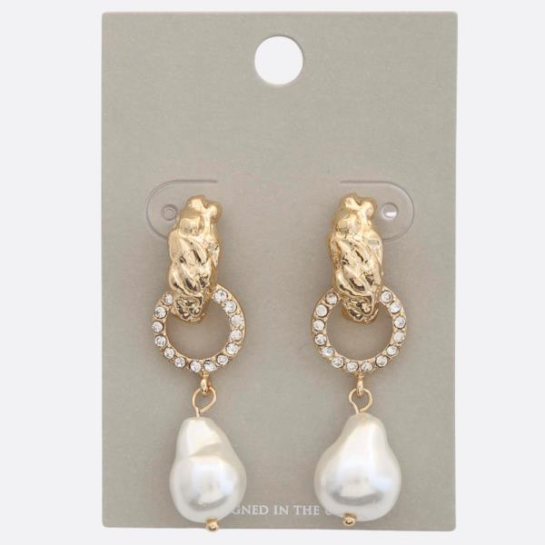 RHINESTONE RING PEARL BEAD DANGLE EARRING