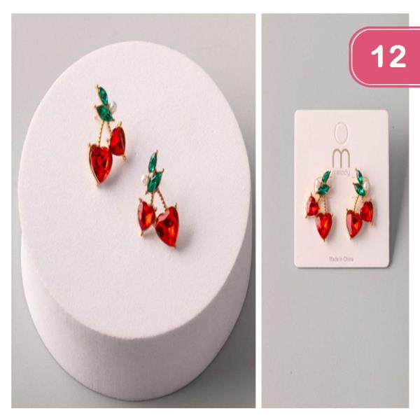 RHINESTONE CHERRY HEARTS EARRING (12 UNITS)