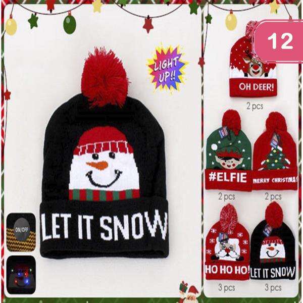 CHRISTMAS LIGHT UP POM POM BEANIES (12 UNITS)