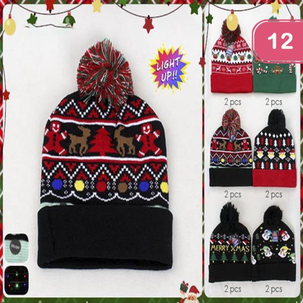 CHRISTMAS LIGHT UP POM POM BEANIES (12 UNITS)